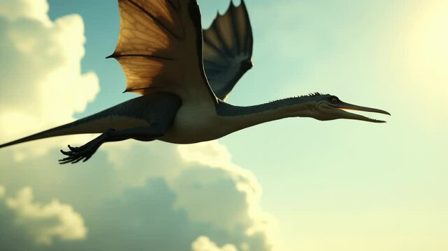 Slow motion dive of a pterosaur with wings slicing the air and trailing clouds in the sky