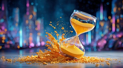 Urban urgency, a cinematic scene capturing the last grain of sand falling, emphasizing the pressure of time management against a backdrop of bustling city life