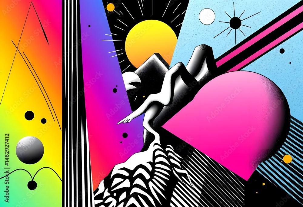 Poster retro-modern design, abstract geometric illustration, vibrant colors. dynamic shapes create movement