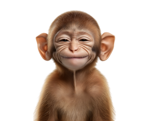 A funny baby monkey isolated on a transparent background, with a funny face and a laughing mouth open wide