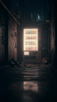 Brightly lit vending machine stands alone in a dark, gritty urban alley at night, offering drinks and symbolizing urban solitude, 24/7 convenience, or the hidden side of city life