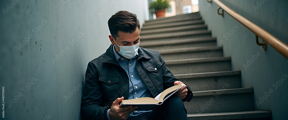 Poster men in masks reading on stairs: a contemplative image of calm focus and personal growth in stock pho