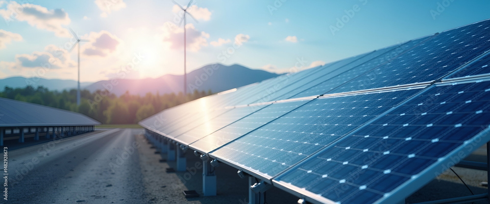 Poster state-of-the-art renewable energy center: solar panel technology & advanced photovoltaic arrays with
