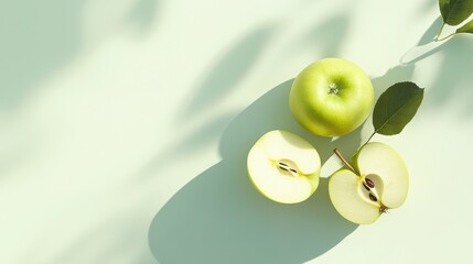 Vibrant granny smith apples showcasing luscious green hues and intricate textures on a soft green backdrop enhances the natural beauty of this refreshing fruit
