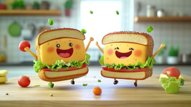 Joyful animated sandwich characters engage in a lively dance atop a wooden table filled with colorful ingredients, creating a delightful atmosphere in a bright kitchen