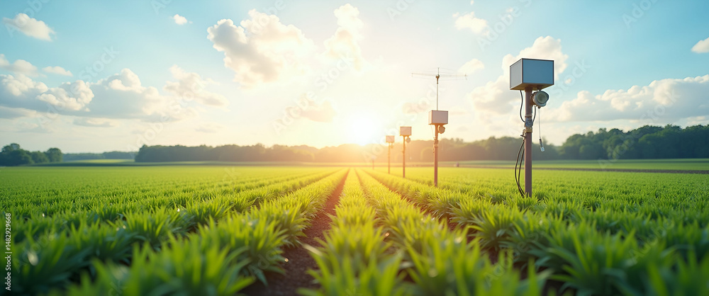 Aufkleber photo realistic top view of a field with automated weather stations: smart climate monitoring and ad