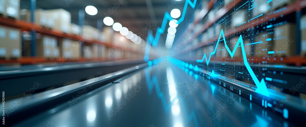 Poster photo realistic double exposure of a conveyor belt and a forecasting interface symbolizing inventory