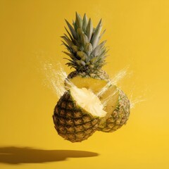 Sliced pineapple falls dynamically against a vibrant yellow backdrop, capturing the essence of freshness and spontaneity in a unique culinary moment