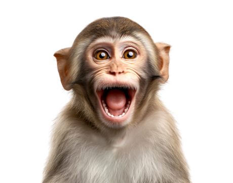 Close up cute monkey with surprised expression with wide open eyes on transparent background
