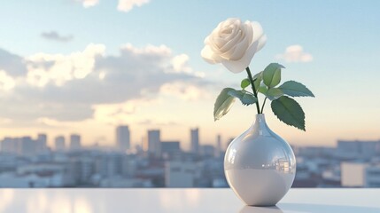 Serene White Rose Against Cityscape Sunset