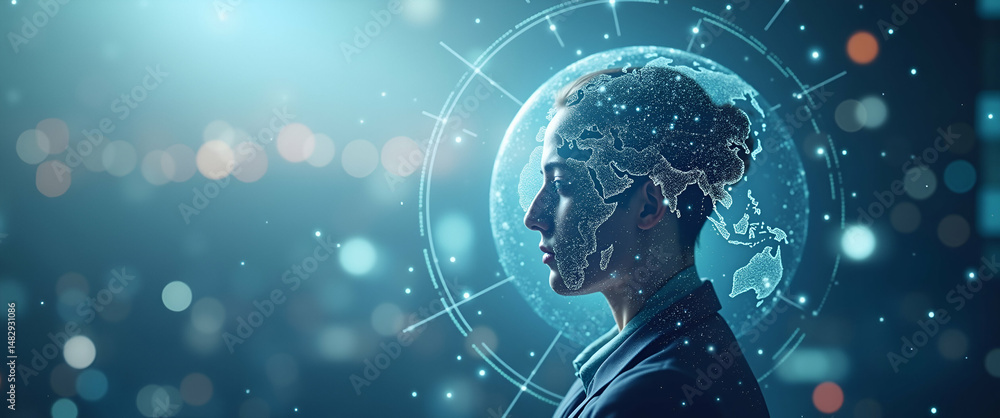 Poster photo realistic as overhead view of a team leader with globe and network overlay symbolizing global 