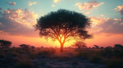 Obraz premium Golden sunset bathes the savanna, silhouetting a large tree