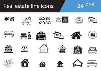 Real Estate Icons set Property, Home, Rent, Sale, Realtor, Investment, Building, Apartment, Mortgage, Lease, Contract, Location, Housing, Agent, House, Deal, Map, Buyer, Seller, Loan, Ownership, Key