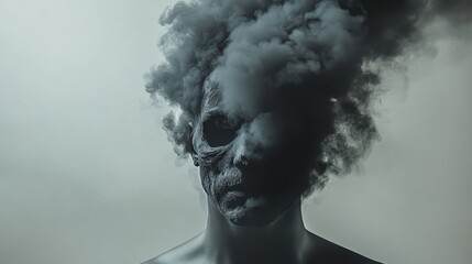 Conceptual art depicting a human figure enveloped in black smoke, symbolizing stress, confusion, and the weight of burnout in a modern, chaotic world