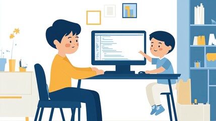 A parent and child work side by side at a desk with a computer, engaging in coding activities at home