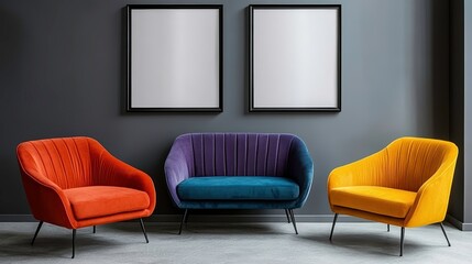 Vibrant colorful multicolored sofa and armchairs against grey wall with two frames. Scandinavian interior design of modern living room.