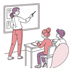 Fototapeta premium Classroom Vector with Teacher Explaining at Whiteboard Clean Design