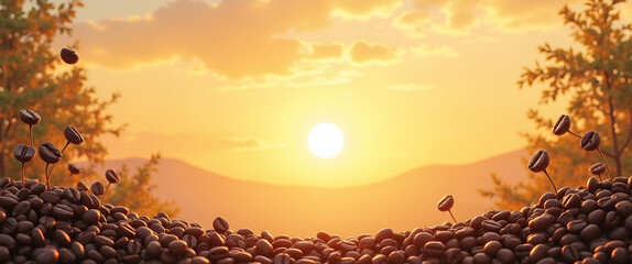Morning Coffee Sunrise Border: Create Motivational Posters for International Coffee Day with Coffee Elements Framing Your Message and Ample Copy Space on the Left