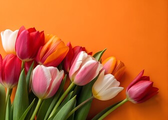 Naklejka premium Beautiful tulips on orange background, closeup. Space for text