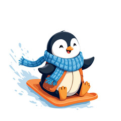 Vsai happy penguin wearing scarf and vest sliding on sled in winter