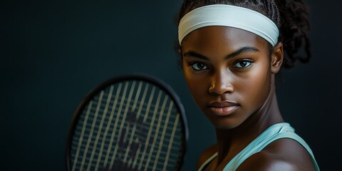 Intense female tennis player holding a racket in focus.