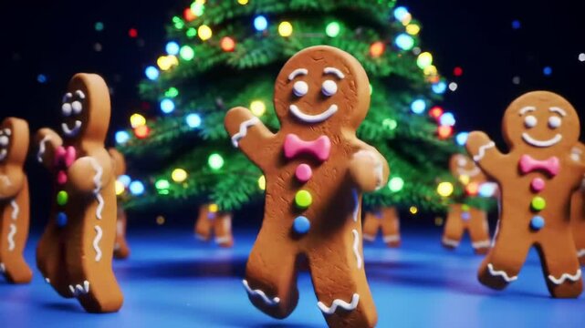 Animated gingerbread cookie characters dancing joyfully in front of a christmas tree with colorful lights. concept of festive holiday spirit, christmas celebration, playful animation