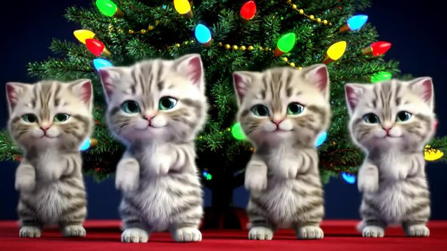 Adorable kittens dancing joyfully in front of a christmas tree decorated with colorful lights. concept of cats dance, holiday fun, festive spirit, playful pets, christmas cheer, celebration