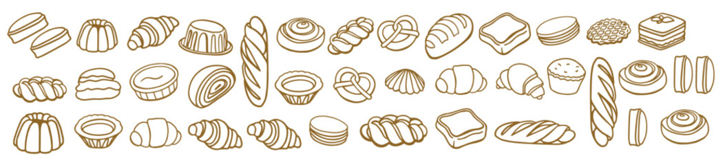Isolated vector set of Bakery. Hand drawn and chalked cookies, barolls, pies, cakes, pastries, croissants.. Vintage template with pastries sketch. Fresh bakery. Shop. Template.