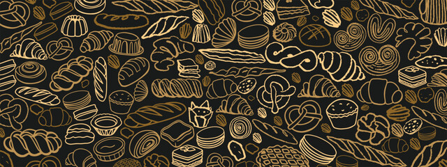 Isolated vector set of Bakery. Hand drawn and chalked cookies, barolls, pies, cakes, pastries, croissants.. Vintage template with pastries sketch. Fresh bakery. Shop. Template.