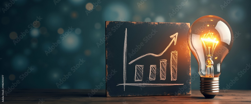 Poster photo realistic blackboard with efficiency chart and lightbulb concept: a dreamy background for inno
