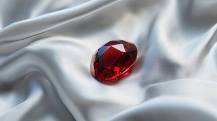 Elegant ruby resting on luxurious white silk fabric, showcasing timeless beauty and sophistication in a minimalist arrangement