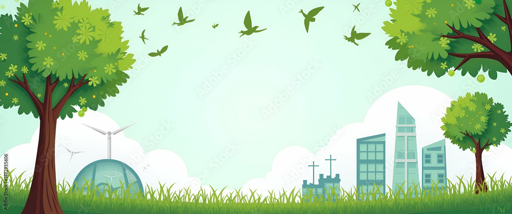 Poster renewable energy icons and tree canopy border frame for world environment day eco initiatives with c