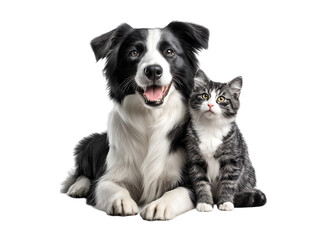 Plakat Cute border collie dog and cat sitting together isolated on a transparent background