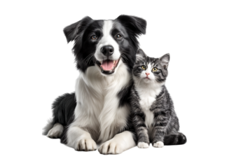 Cute border collie dog and cat sitting together isolated on a transparent background