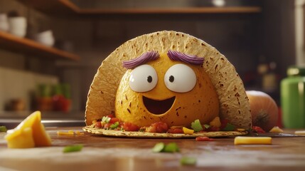 Obraz premium Delightful taco with animated eyebrows brightens up the kitchen table bathed in natural light