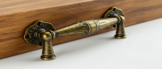 Antique brass drawer pull handle mounted on wooden furniture surface detail view