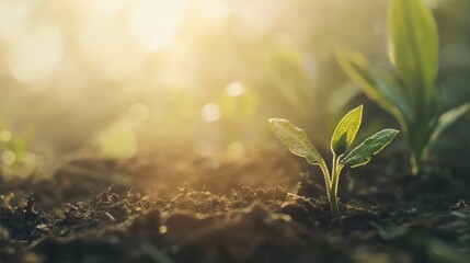 Emerging seedling reveals its delicate green tip in warm soft light, symbolizing new growth and life in fertile earth