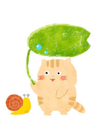 葉っぱの傘をさすねことカタツムリのイラスト　クレヨンタッチ