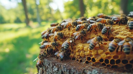 Busy honeybees on honeycomb cluster