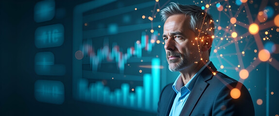 Photo realistic as Overhead view of a CEO with digital icons and data analytics overlay symbolizing data driven leadership in double exposure with copy space. concept as An overhead view of a CEO inte
