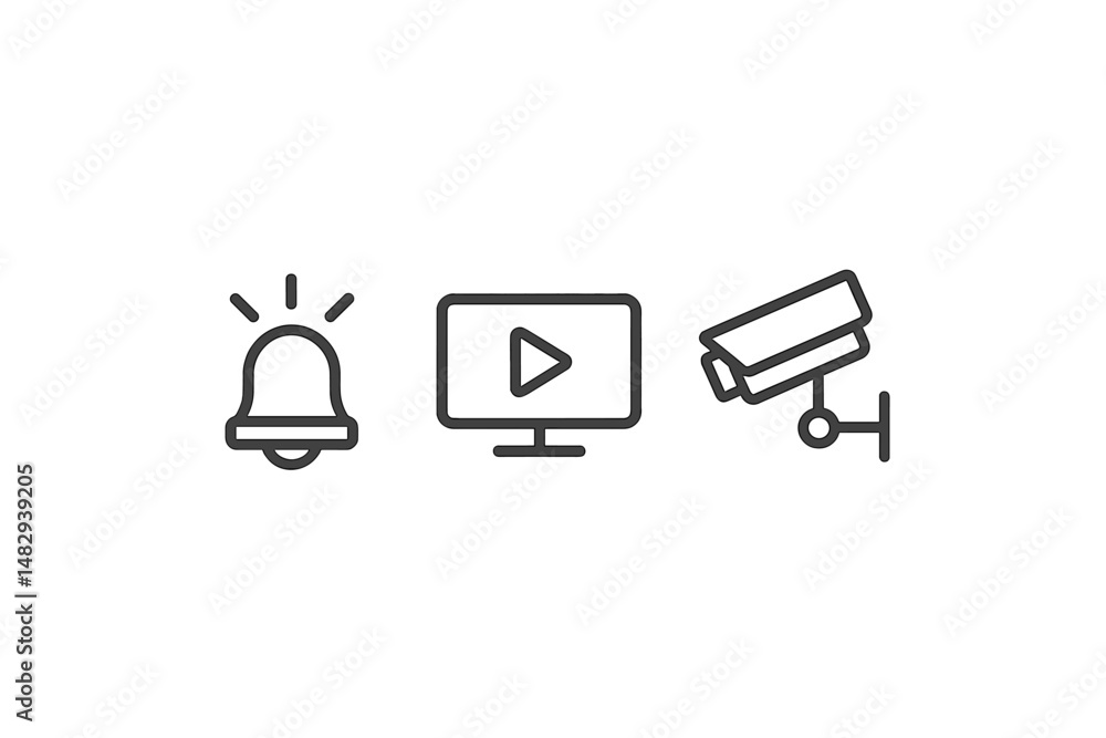 Poster security alert system with notification, display screen, and surveillance camera icons on a minimali