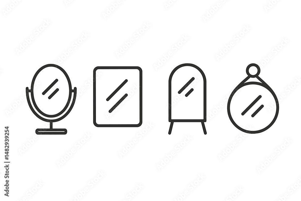Poster various styles of mirrors displayed on a clean, white background showcasing different shapes and des