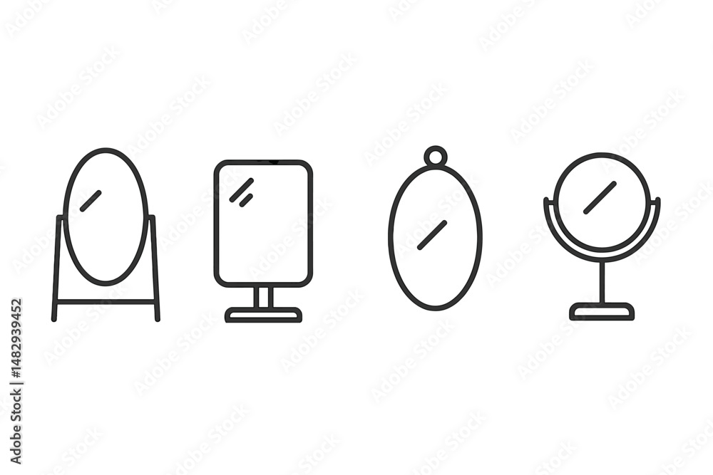 Poster different styles of mirrors displayed on a white background showcasing varied shapes and designs for