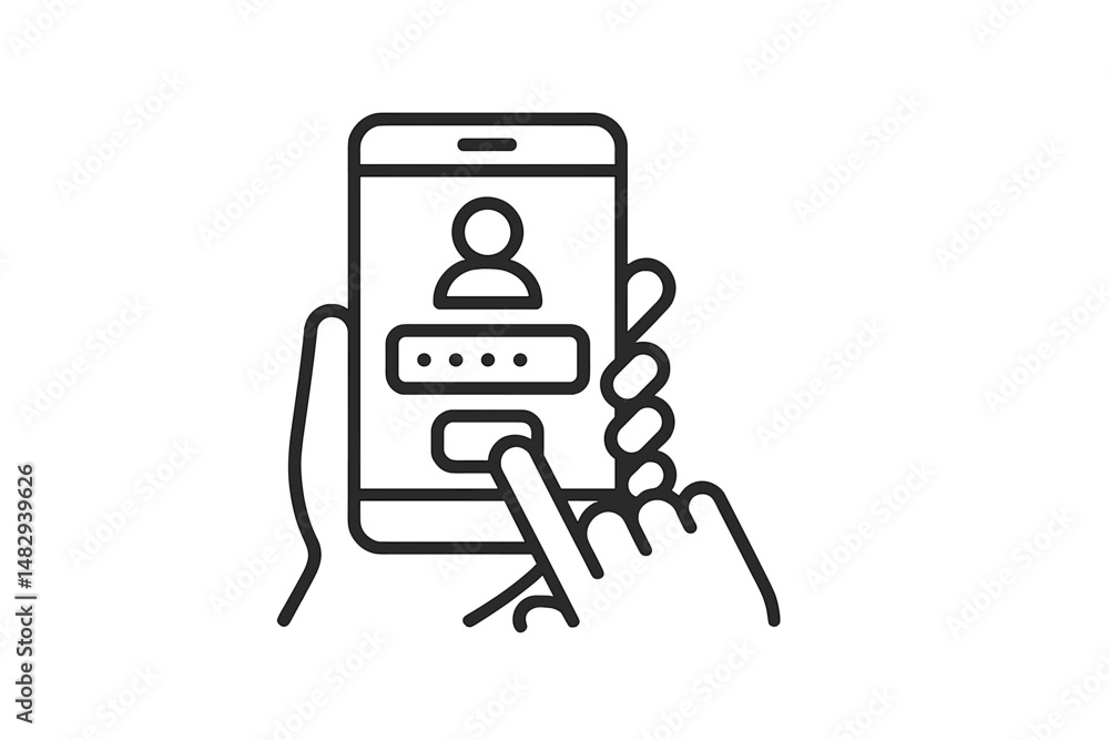 Poster user interacts with a smartphone to log into an application using a password and a personal account 