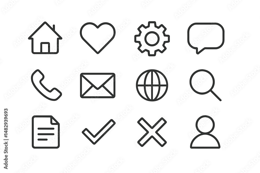 Poster collection of minimalistic icons representing communication, technology, and social connections disp