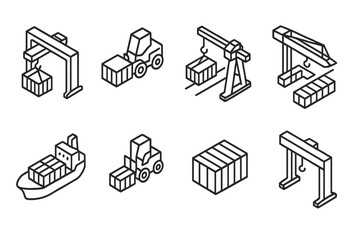 Various symbols depicting cargo handling activities in a shipping yard and port environment