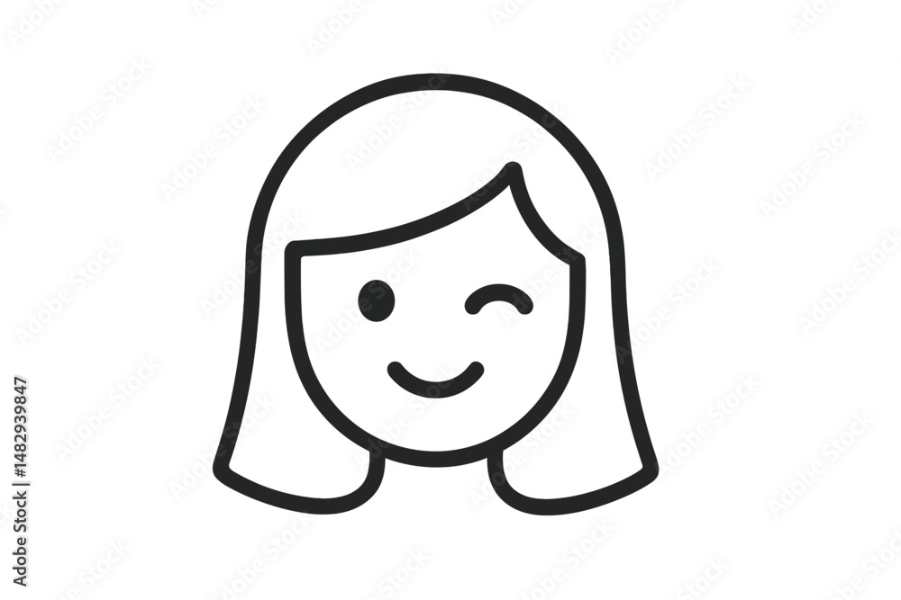 Poster smiling girl icon with a playful wink, designed in a minimalistic style to convey happiness and frie