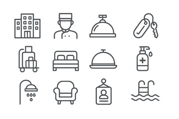 Hotel amenities and services icons illustrating guest experiences and comfort features