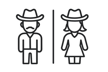 Representation of male and female cowboy icons in simple line art style for Western-themed designs
