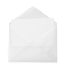 Blank greeting card in paper envelope on white background, top view